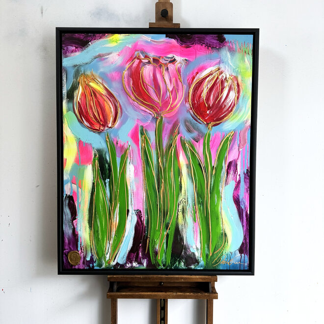 Painting  -80x100 cm - Rick Triest - Tulp Mania - Tulp artwork neon & gold #1