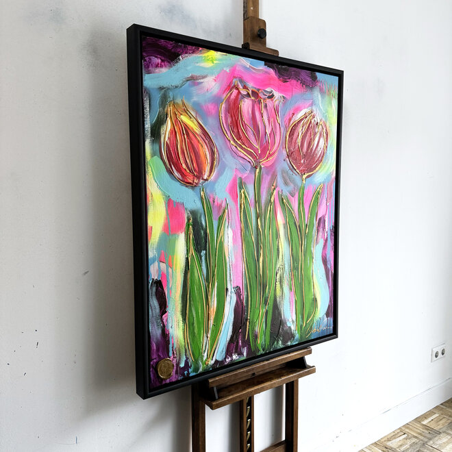 Painting  -80x100 cm - Rick Triest - Tulp Mania - Tulp artwork neon & gold #1