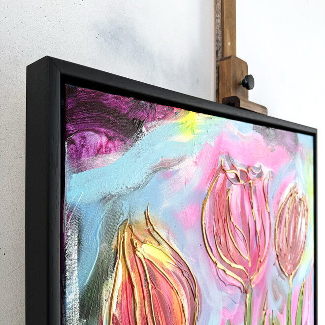 Painting  -80x100 cm - Rick Triest - Tulp Mania - Tulp artwork neon & gold #1