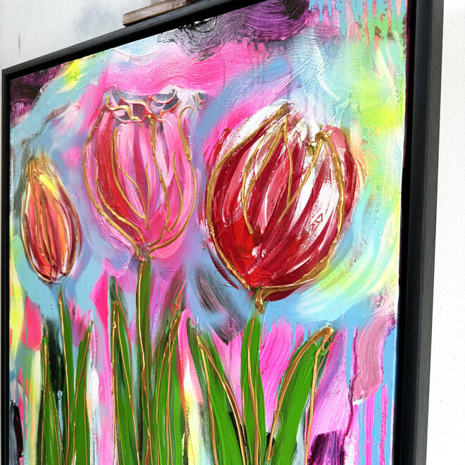 Painting  -80x100 cm - Rick Triest - Tulp Mania - Tulp artwork neon & gold #1