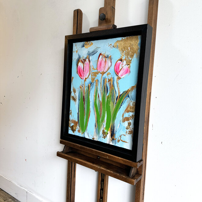 Schilderij - 30x40 cm - Rick Triest - Tulp Mania - Tulp artwork neon & gold + frame