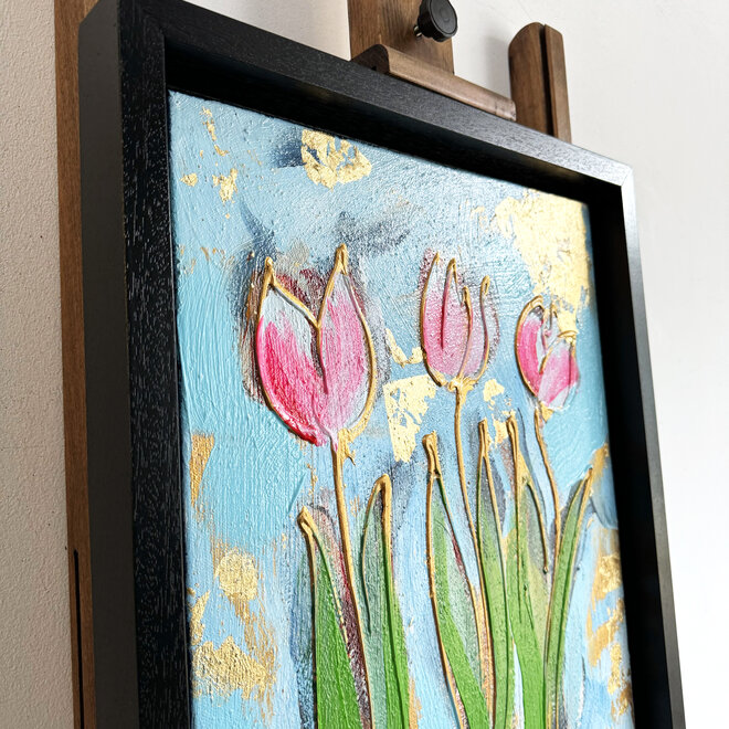 Painting - 30x40 cm - Rick Triest - Tulp Mania - Tulp artwork neon & gold + frame