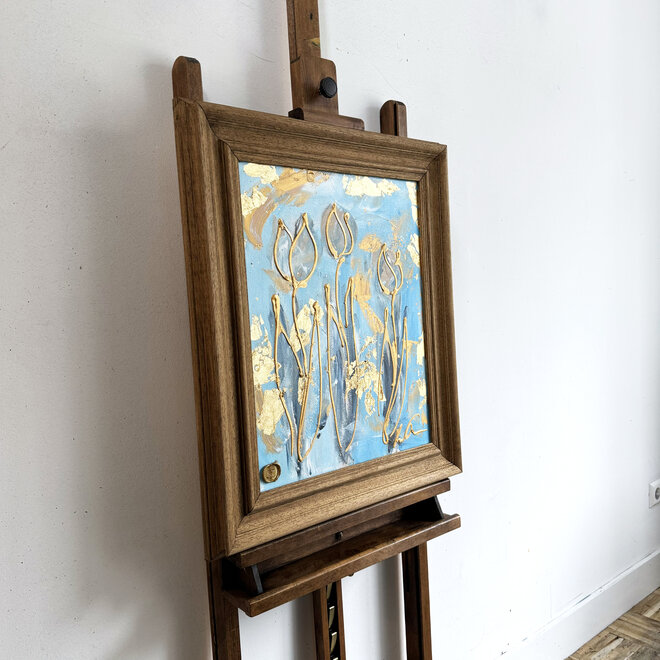 Painting - 30x40 cm - Rick Triest - Tulp Mania - Tulp artwork Sky Blue + Oak frame