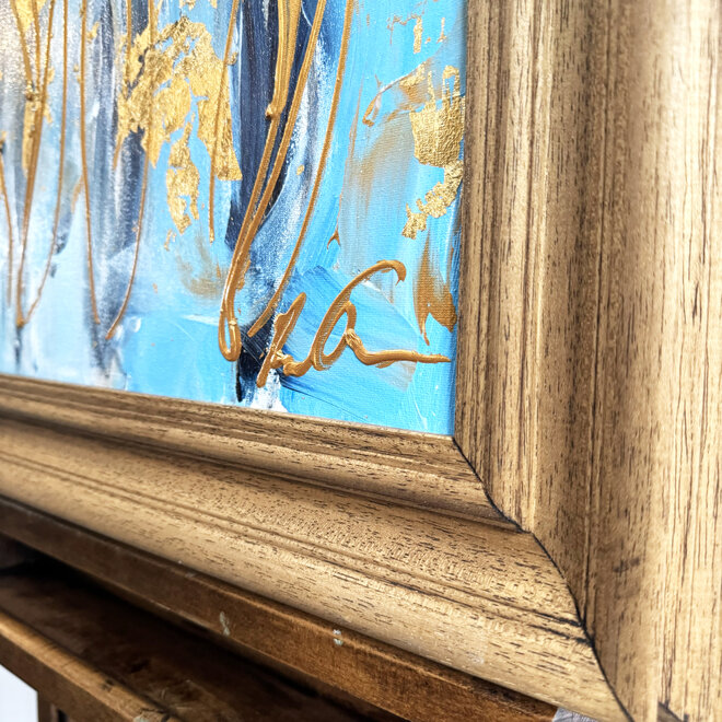 Schilderij - 30x40 cm - Rick Triest - Tulp Mania - Tulp artwork Sky Blue + Oak frame