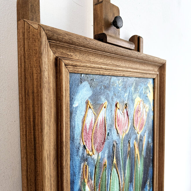 Schilderij - 30x40 cm - Rick Triest - Tulp Mania - Tulp artwork Sky Blue + Oak frame - 2