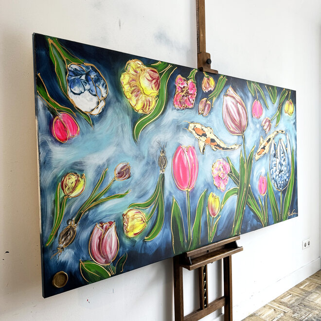 Painting  -100x200 cm - Rick Triest - Tulp Mania - Delft tulpen in stilleven