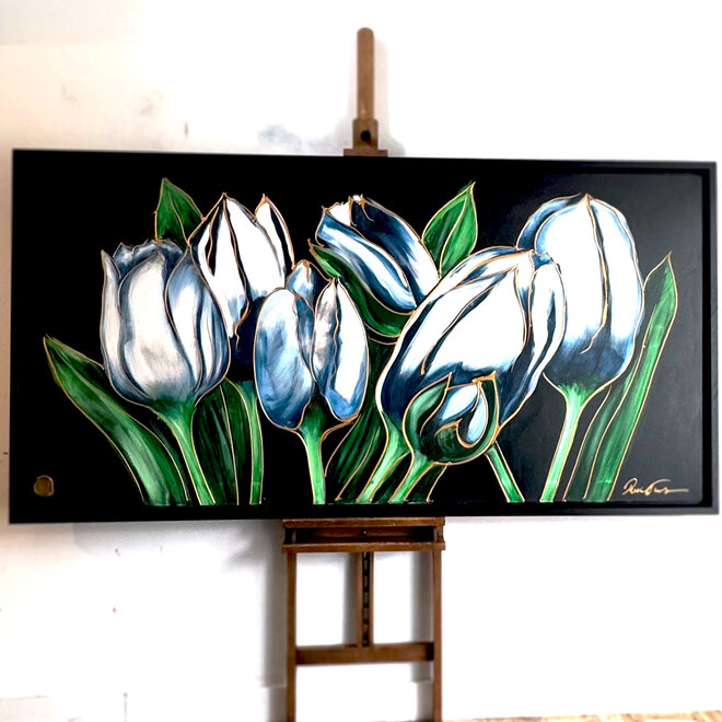 Schilderij -100x200 cm - Tulp Mania - Delft tulpen met Pruisisch Blauw