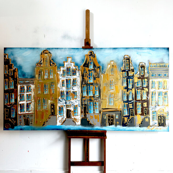 Painting- 100x200cm - Amsterdam Herengracht- Blue & Gold -XXL