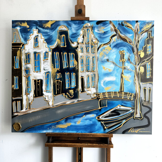 Painting - 80x100 - Rick Triest - Amsterdam Herengracht -Blue & Gold #24