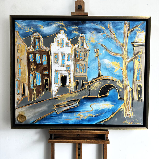 Schilderij - 80x100 - Rick Triest - Amsterdam Herengracht -Blue & Gold #25