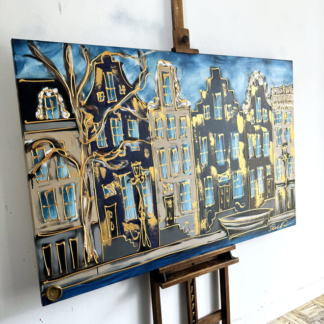 Schilderij- 100x150cm - Rick Triest - Amsterdam Herengracht -Blue & Gold #140