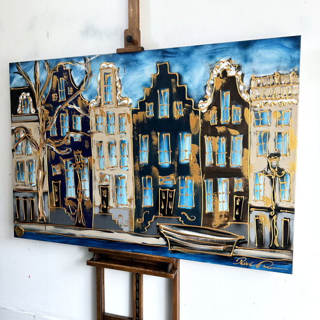 Schilderij- 100x150cm - Rick Triest - Amsterdam Herengracht -Blue & Gold #140