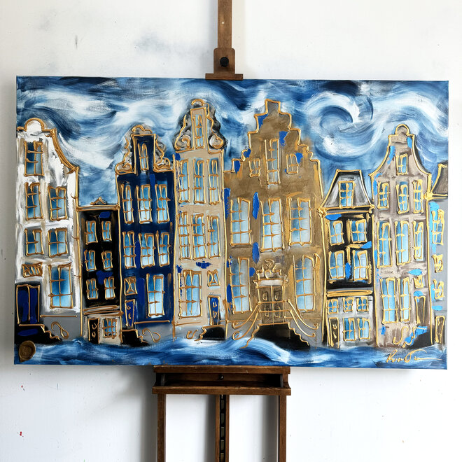 Schilderij- 100x150cm - Amsterdam Herengracht -Blue & Gold #127