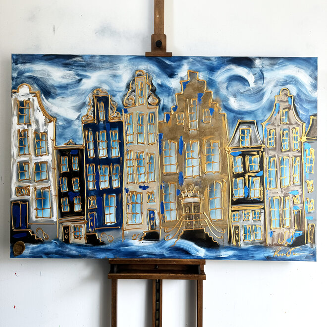 Schilderij- 100x150cm - Rick Triest - Amsterdam Herengracht -Blue & Gold #127
