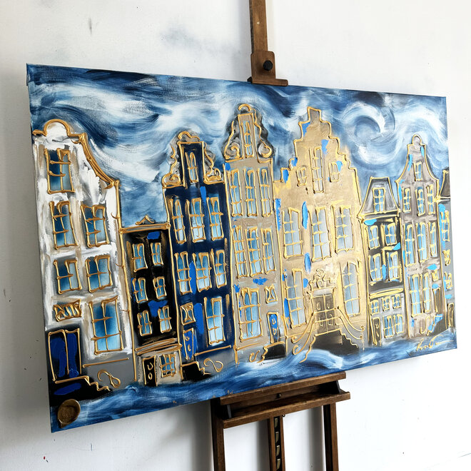 Schilderij- 100x150cm - Rick Triest - Amsterdam Herengracht -Blue & Gold #127