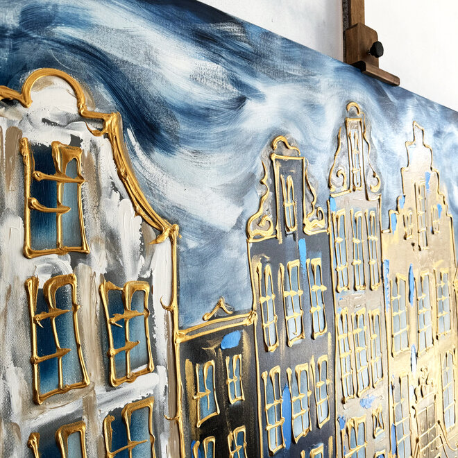 Schilderij- 100x150cm - Rick Triest - Amsterdam Herengracht -Blue & Gold #127