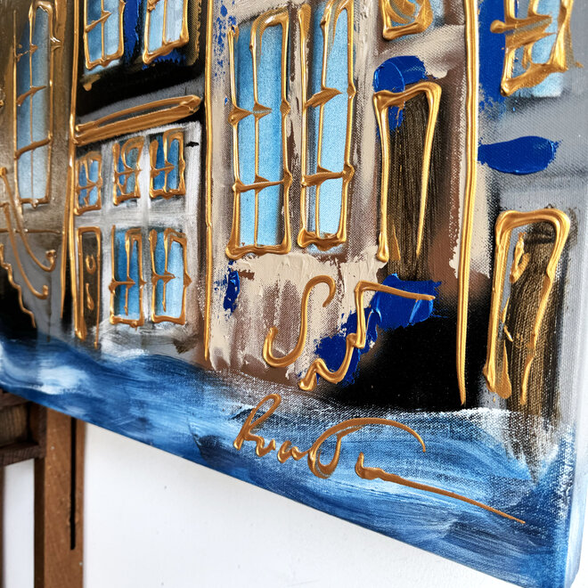 Schilderij- 100x150cm - Rick Triest - Amsterdam Herengracht -Blue & Gold #127