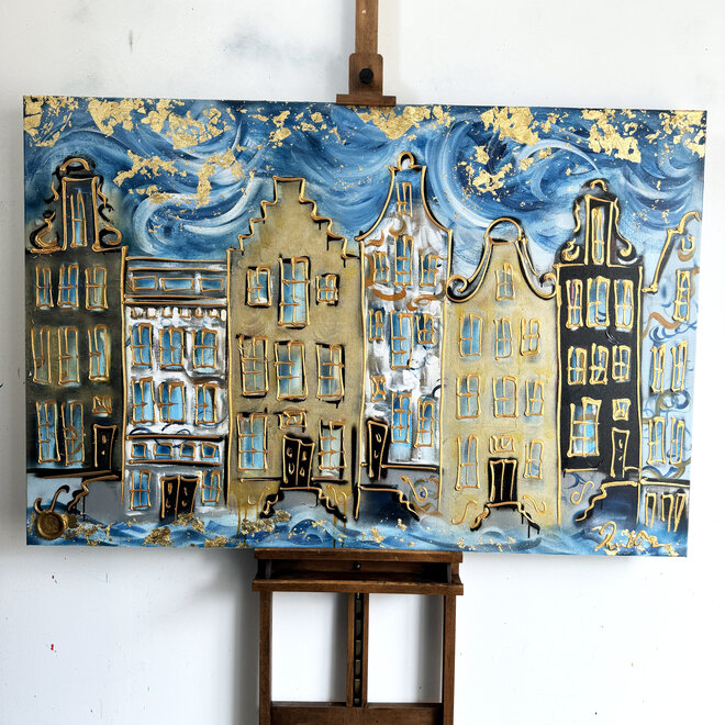 Schilderij- 100x150cm - Amsterdam Herengracht -Blue & Gold #132