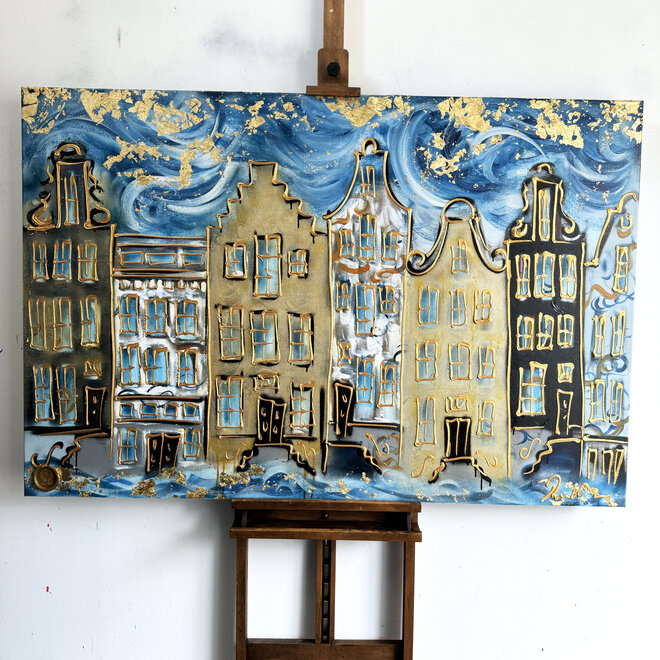 Schilderij- 100x150cm - Rick Triest - Amsterdam Herengracht -Blue & Gold #132