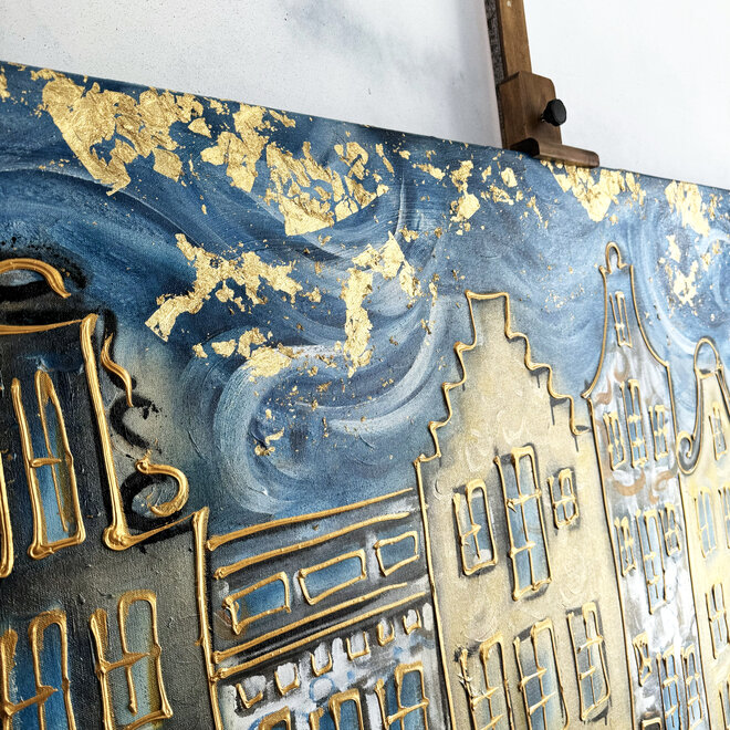 Schilderij- 100x150cm - Rick Triest - Amsterdam Herengracht -Blue & Gold #132