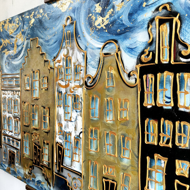 Schilderij- 100x150cm - Rick Triest - Amsterdam Herengracht -Blue & Gold #132