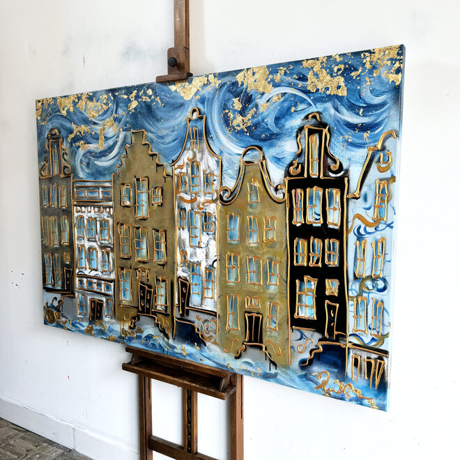 Schilderij- 100x150cm - Rick Triest - Amsterdam Herengracht -Blue & Gold #132