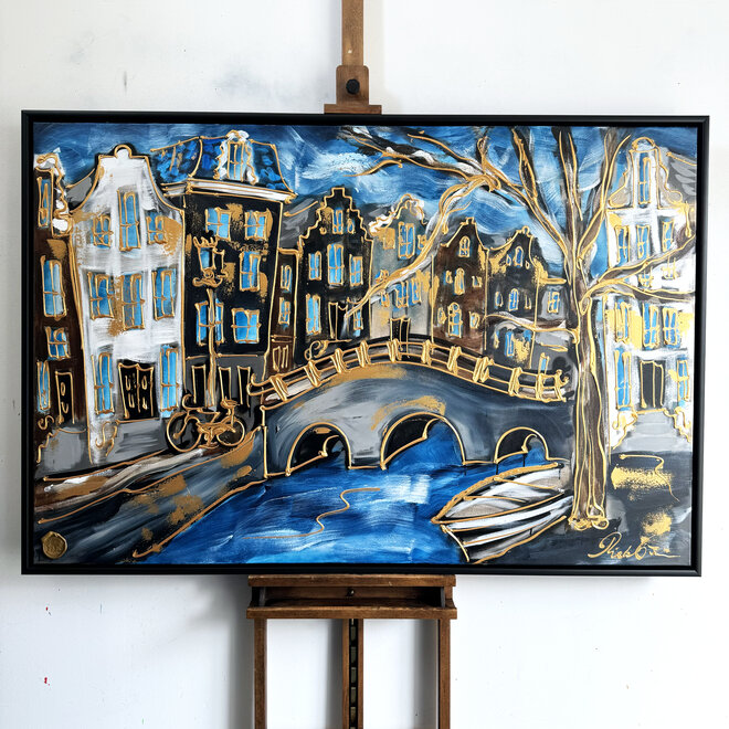 Schilderij- 100x150cm - Amsterdam Herengracht -Blue & Gold #141