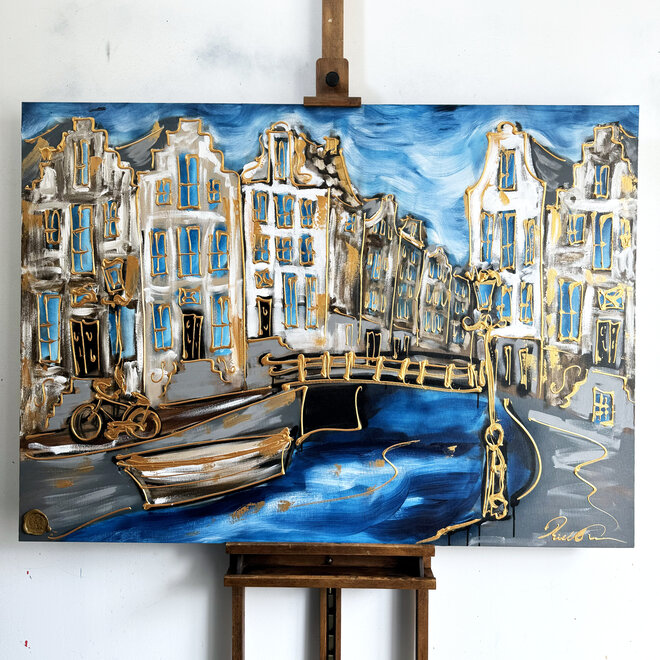 Schilderij - 100x140 cm - Amsterdam Herengracht -Prussian Blue & Gold #19