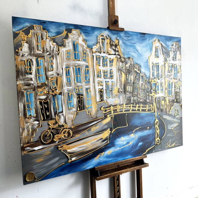 Schilderij - 100x140 cm - Rick Triest - Amsterdam Herengracht -Prussian Blue & Gold #19