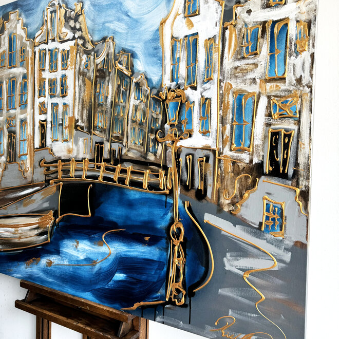 Schilderij - 100x140 cm - Rick Triest - Amsterdam Herengracht -Prussian Blue & Gold #19