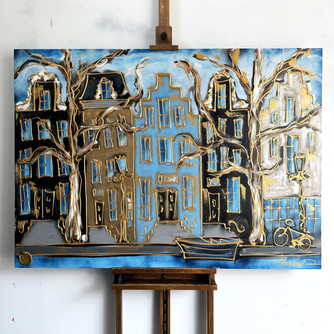 Schilderij - 100x140 cm - Rick Triest - Amsterdam Herengracht -Prussian Blue & Gold #20