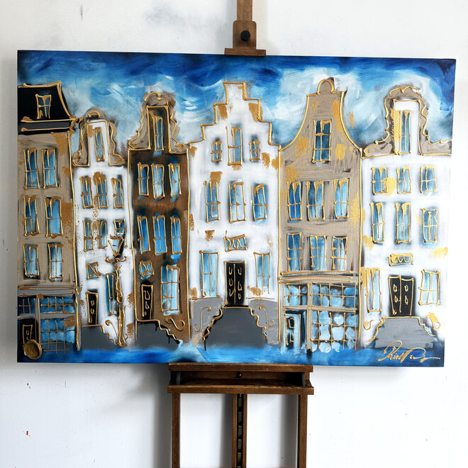 Schilderij - 100x140 cm - Amsterdam Herengracht -Prussian Blue & Gold #17