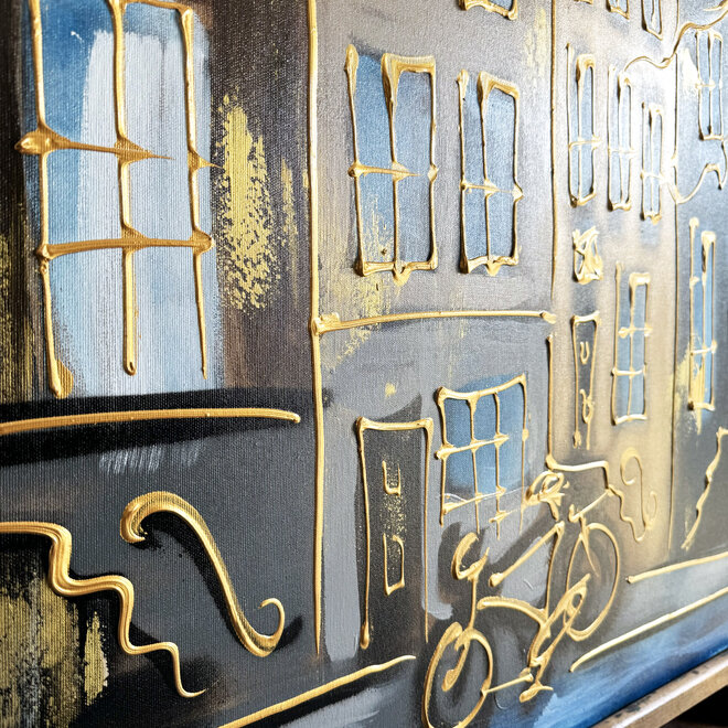 Schilderij - 100x140 cm - Rick Triest - Amsterdam Herengracht -Prussian Blue & Gold #15