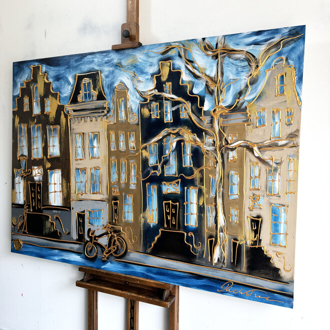 Schilderij - 100x140 cm - Rick Triest - Amsterdam Herengracht -Prussian Blue & Gold #15