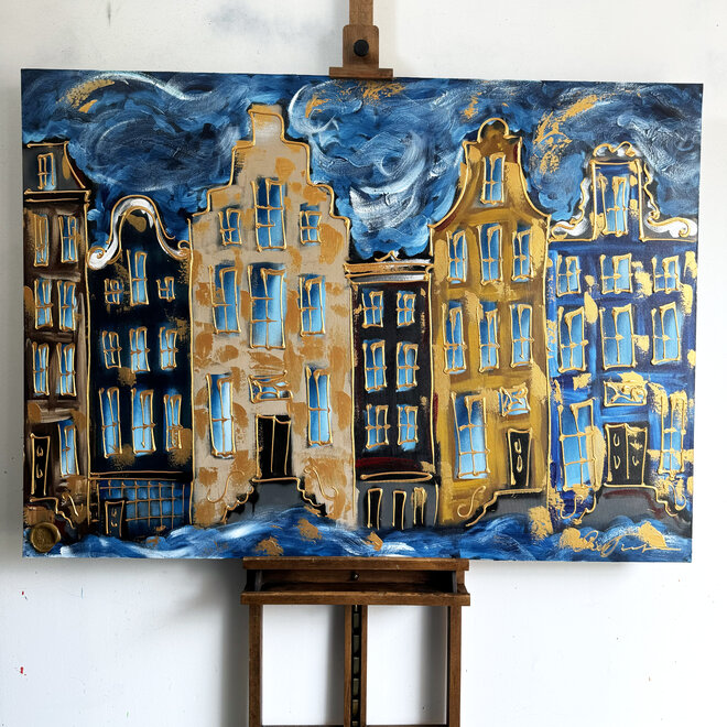 Schilderij - 100x140 cm - Amsterdam Herengracht -Prussian Blue & Gold #14