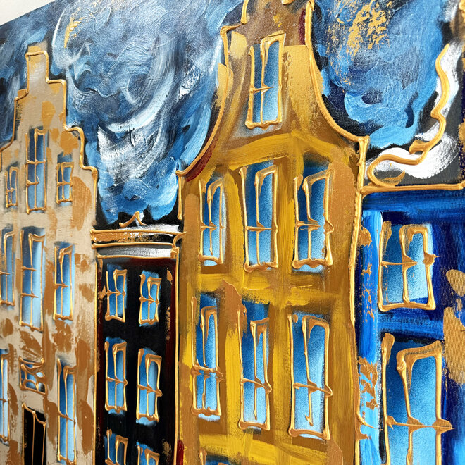 Schilderij - 100x140 cm - Rick Triest - Amsterdam Herengracht -Prussian Blue & Gold #14