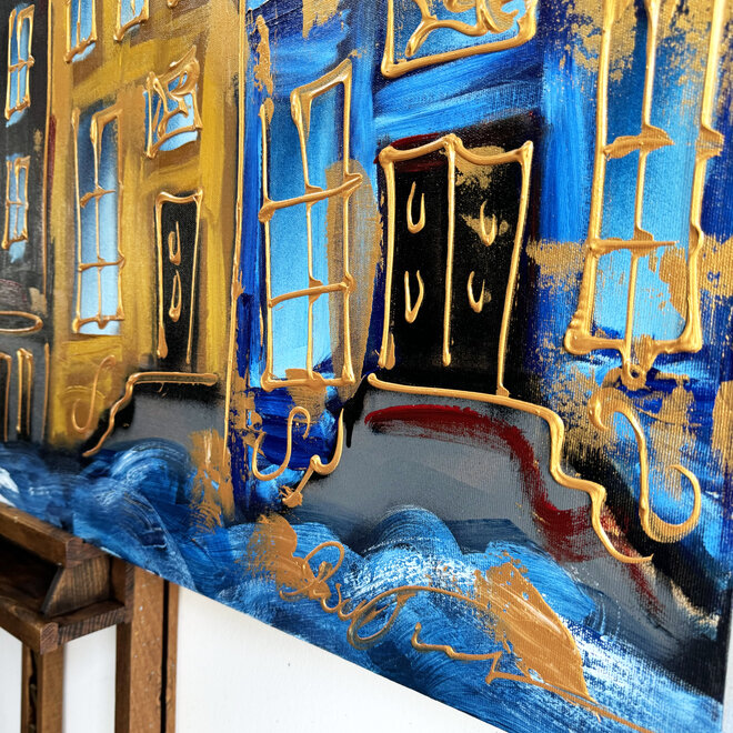 Schilderij - 100x140 cm - Rick Triest - Amsterdam Herengracht -Prussian Blue & Gold #14