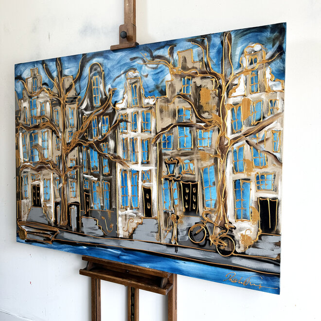 Schilderij - 100x140 cm - Rick Triest - Amsterdam Herengracht -Prussian Blue & Gold #16