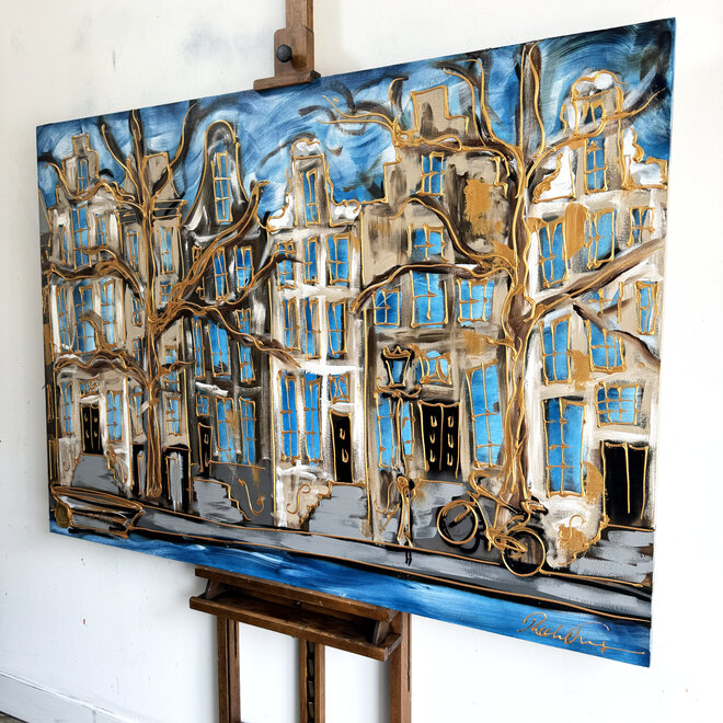 Schilderij - 100x140 cm - Rick Triest - Amsterdam Herengracht -Prussian Blue & Gold #16