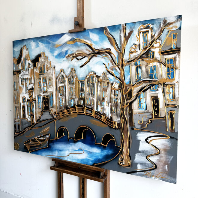Schilderij - 100x140 cm - Rick Triest - Amsterdam Herengracht -Prussian Blue & Gold #18