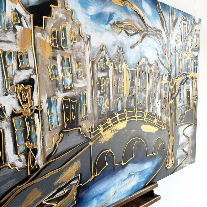 Schilderij - 100x140 cm - Rick Triest - Amsterdam Herengracht -Prussian Blue & Gold #18