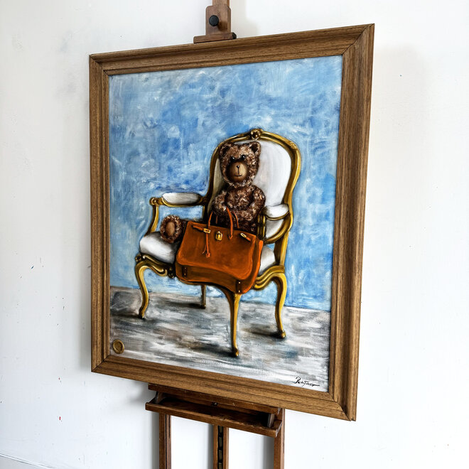 Olieverf schilderij- 80x100 cm -Rick Triest -Sir Bobby de teddybeer- Lady Bobby  met haar Hermes Birkin bag