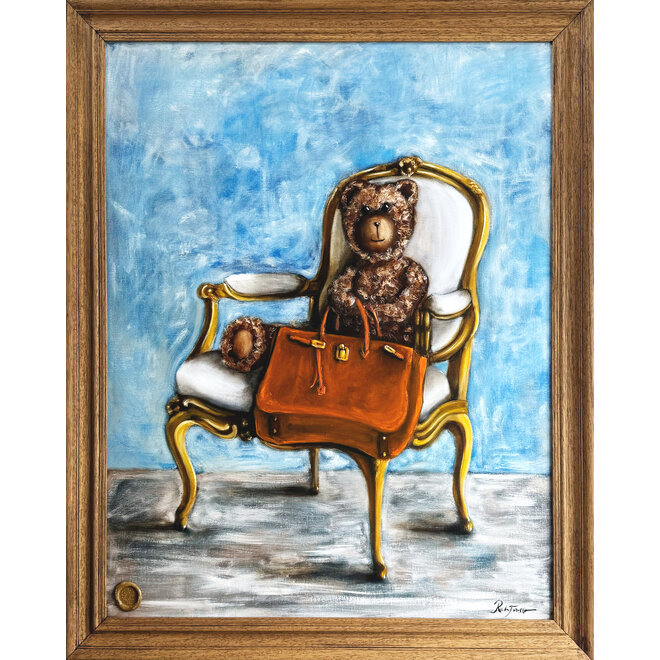 Oil Painting - Rick Triest - 80x100 cm - Sir Bobby the Teddybear - Lady Bobby  met haar Hermes Birkin bag