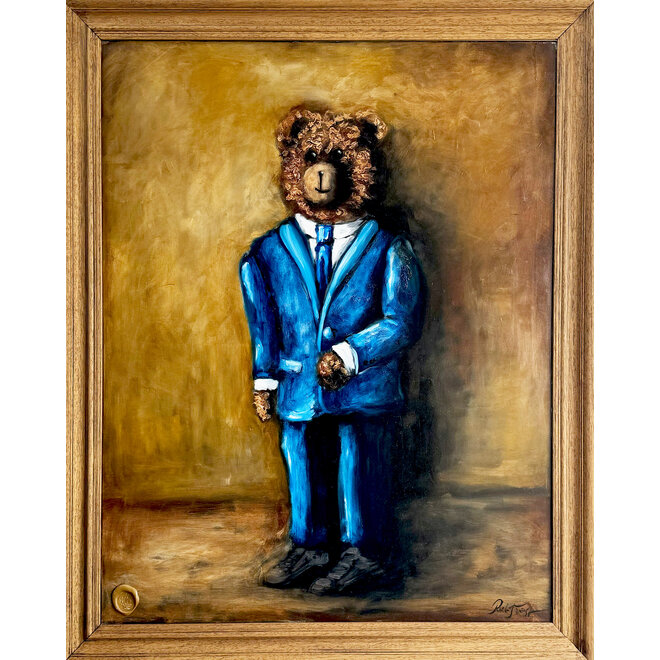 Olieverf schilderij- 80x100 cm -Rick Triest -Sir Bobby de teddybeer - Sir Bobby in his blue suit