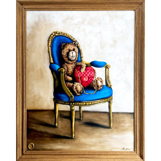 Oil Painting - Rick Triest - 80x100 cm - Sir Bobby the Teddybear - Lady Bobby  met haar Chanel heart bag