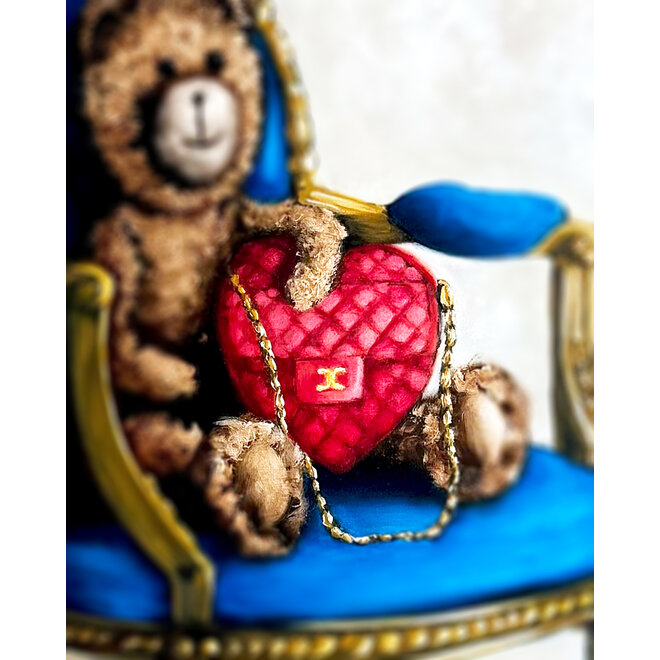 Oil Painting - Rick Triest - 80x100 cm - Sir Bobby the Teddybear - Lady Bobby  met haar Chanel heart bag