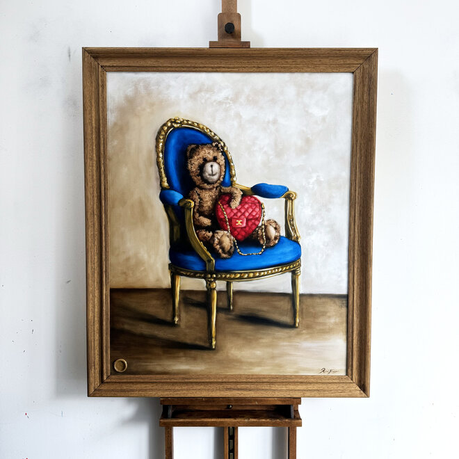 Oil Painting - Rick Triest - 80x100 cm - Sir Bobby the Teddybear - Lady Bobby  met haar Chanel heart bag