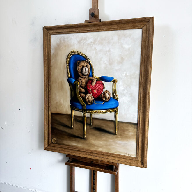 Olieverf schilderij- 80x100 cm -Rick Triest -Sir Bobby de teddybeer - Lady Bobby  met haar Chanel heart bag