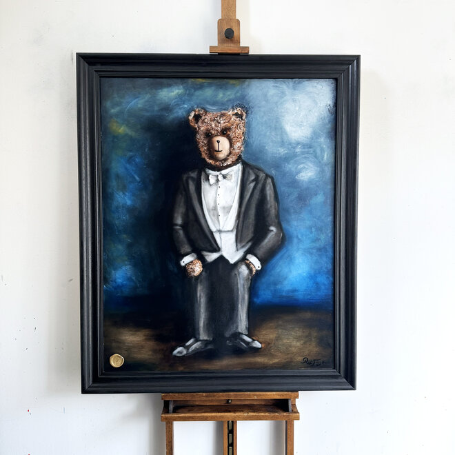 Olieverf schilderij- 80x100 cm -Rick Triest -Sir Bobby de teddybeer - Sir Bobby in white tie