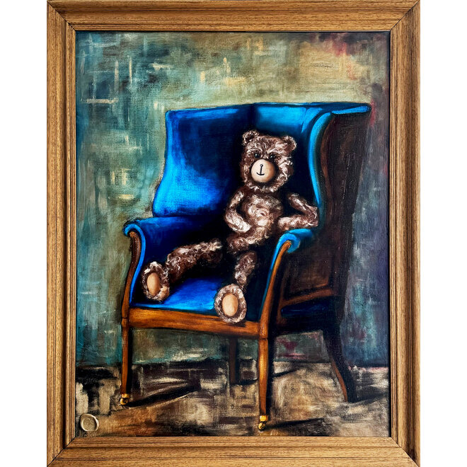 Oil Painting - Rick Triest - 80x100 cm - Sir Bobby the Teddybear - Sir Bobby in a Hepplewhite wing chair from Ralph Lauren